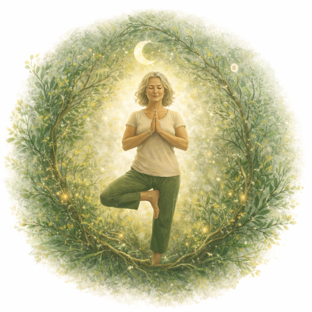Une femme en position d'arbre dans un environnement féerique avec des branches, des feuilles, une lune et une lumière dorée. Illustrant les cours de yoga et les ateliers de danse libre que doulâme propose.