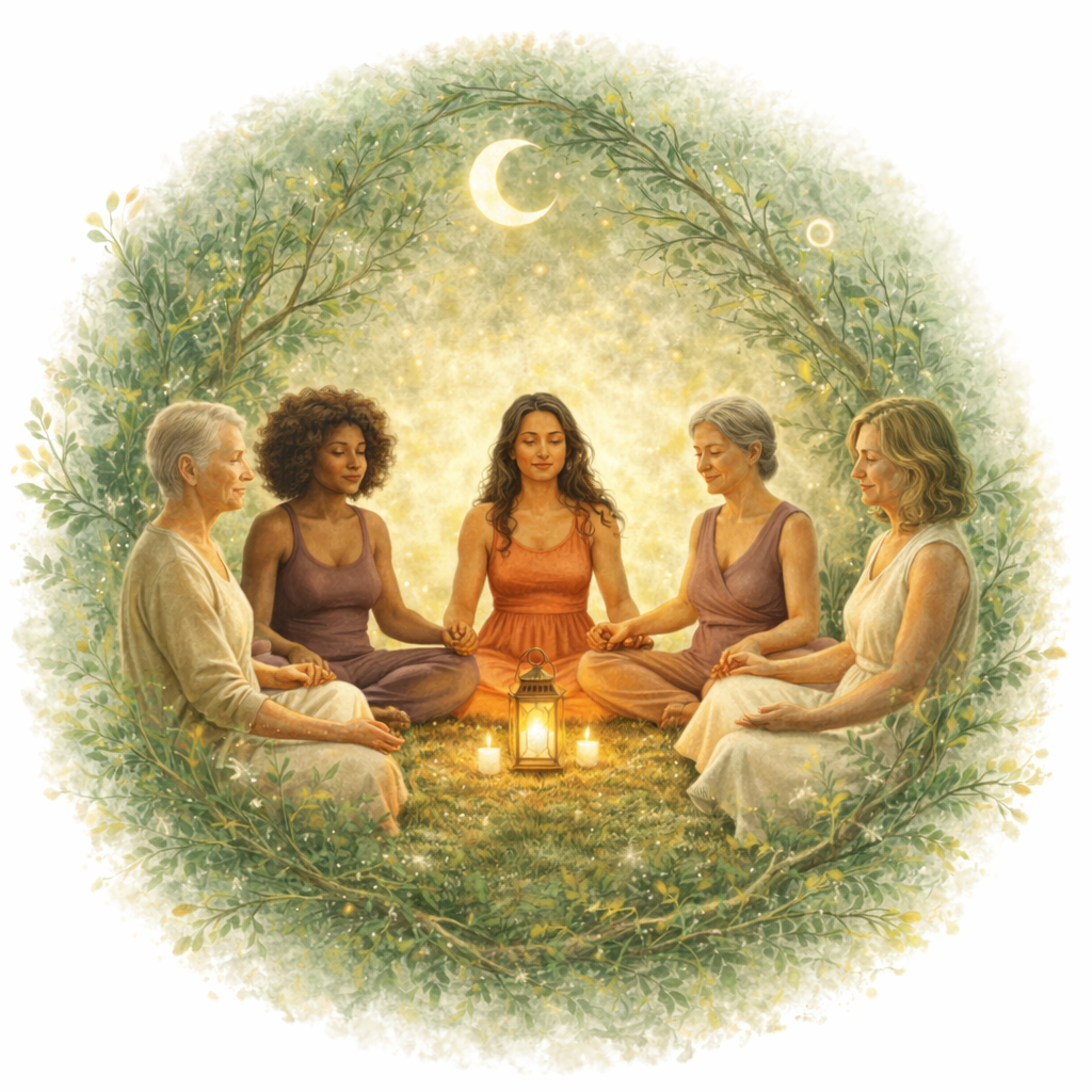 Cinq femmes, assises en cercle au centre d'un décor naturel avec une arche de branches et feuilles, une lune et une étoile dans le ciel, une lanterne et des bougies au sol, toutes en méditation. Illustrant les cercles de femmes que propose doulâme.