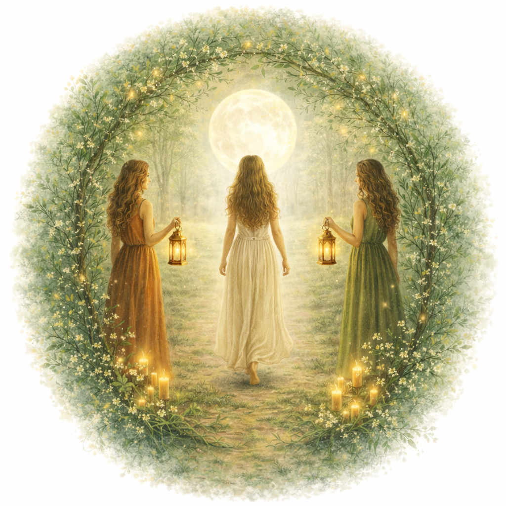 Trois femmes avec de longues robes dans une forêt enchantée, tenant des lanternes, sous une grande lune pleine, entourées de fleurs et de bougies. Illustrant les rites de passages personnalisés que propose doulâme pour les union, naissance, grossesse