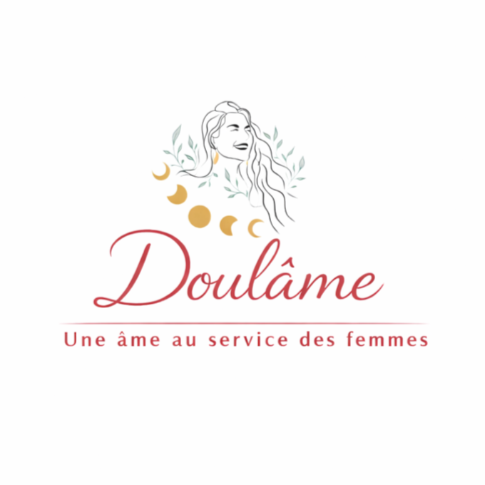 Logo avec une illustration d'une femme souriante entourée de feuilles et de phases de lune, texte "Doulâme" en cursive et slogan "Une âme au service des femmes".