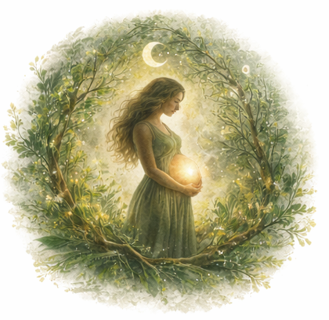 Une femme avec de longs cheveux  portant une robe verte, tenant une lumière brillante dans ses mains, entourée d'un cercle de branches et de feuilles, avec une lune brillante dans le ciel nocturne. Illustrant la maternité et l'accompagnement doula.