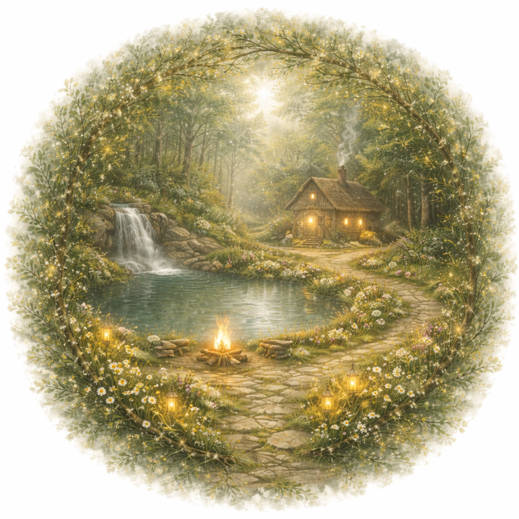 Une scène de conte de fées représentant une forêt enchantée avec une rivière, une cascade, une cabane en bois avec de la fumée sortant de la cheminée, et un feu de camp. Illustrant les retraites aux rythmes des saisons que propose doulâme.