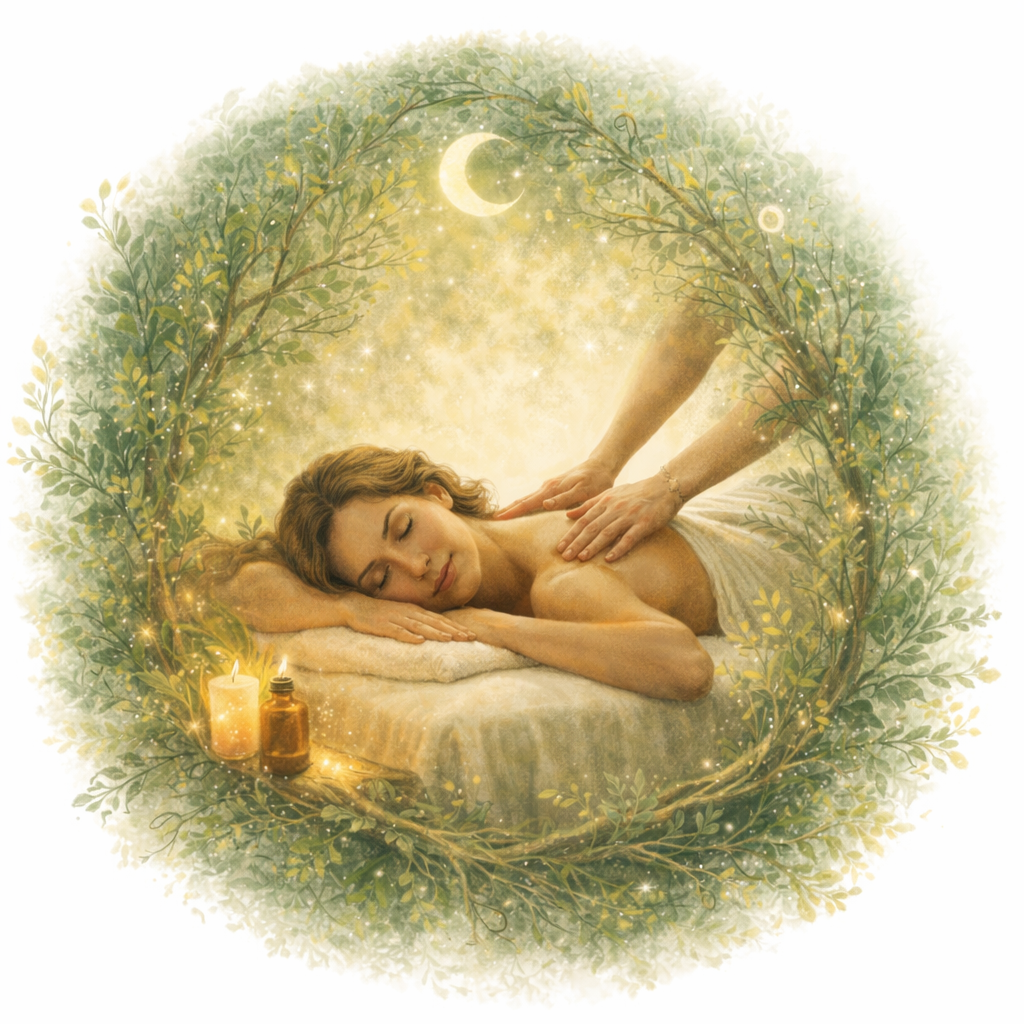 Une femme reçoit un massage dans un environnement paisible entouré de feuillage et de lumière douce, avec des bougies allumées. illustrant les massages et soins que propose doulâme.