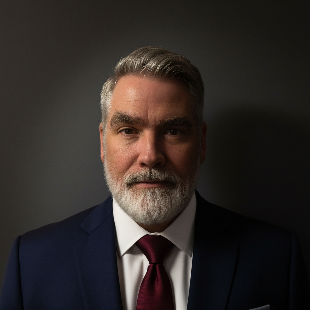 A middle-aged man with gray hair and a beard dressed in a dark suit, white shirt, and maroon tie, posing against a dark background.
