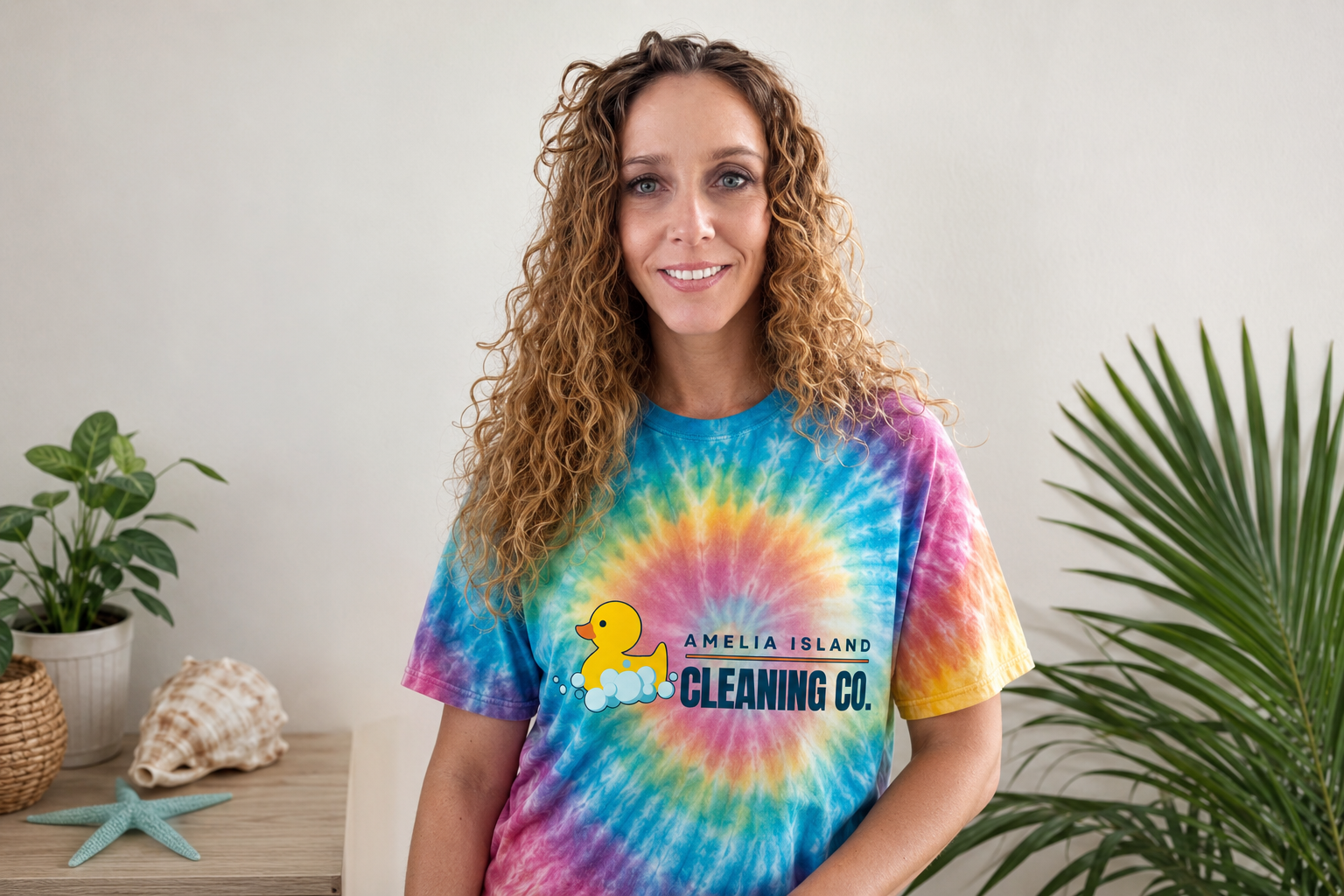 A woman with curly red hair smiling at the camera, wearing a colorful tie-dye t-shirt with a duck and bubbles, and text reading 'Amelia Island Cleaning Co.' in a room with beach-themed decorations and plants.