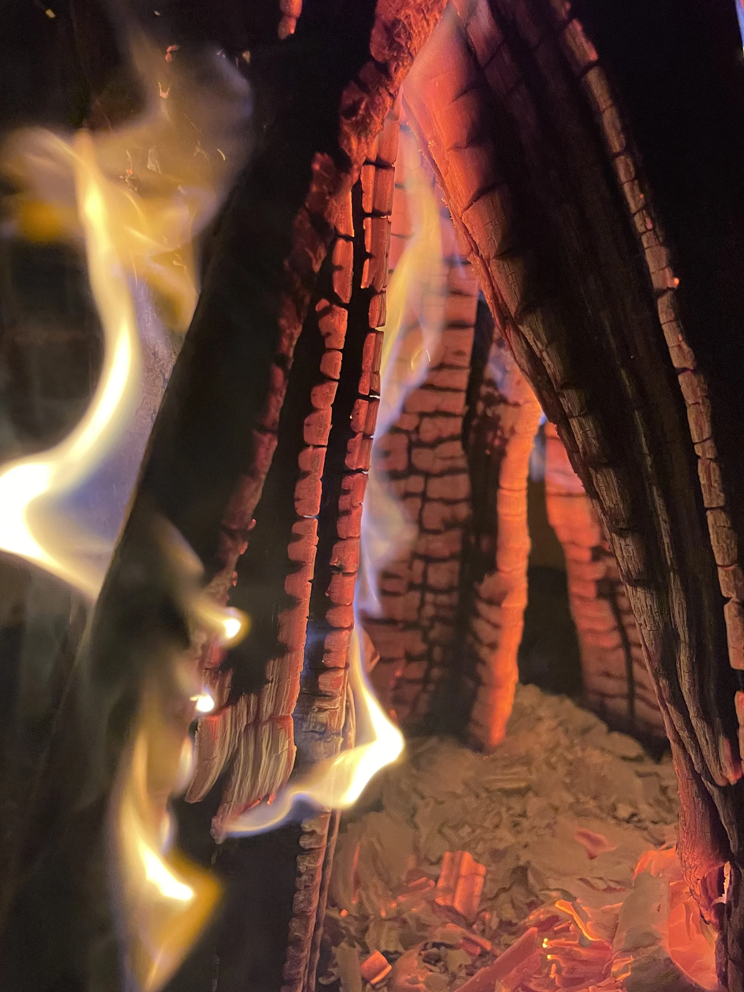 Close-up of burning embers and charred wood, showing glowing orange and red flames, and ash at the bottom.