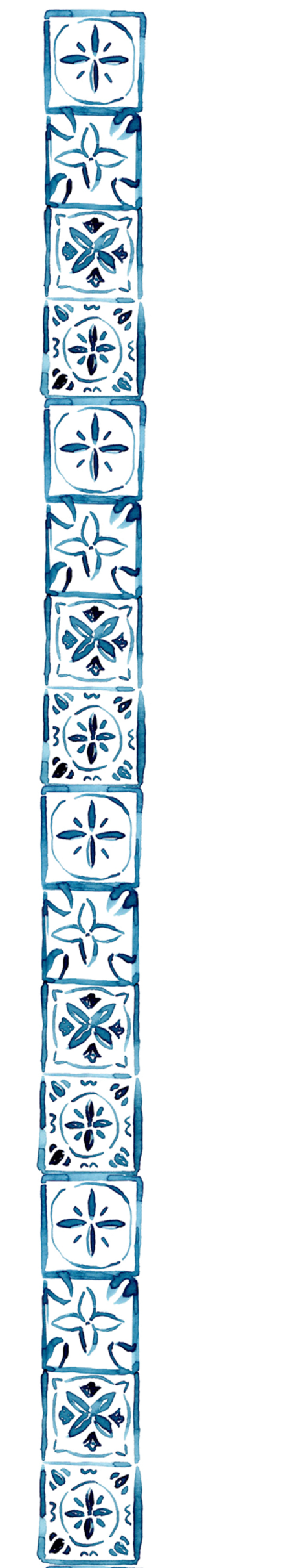 Vertical decorative tile strip with blue floral and geometric patterns.