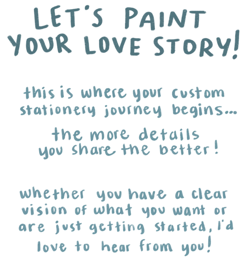 Text on a black background encouraging creative storytelling and sharing details, with blue font reading 'Let's Paint Your Love Story! this is where your custom stationery journey begins... the more details you share the better! whether you have a clear vision of what you want or are just getting started, I'd love to hear from you!'