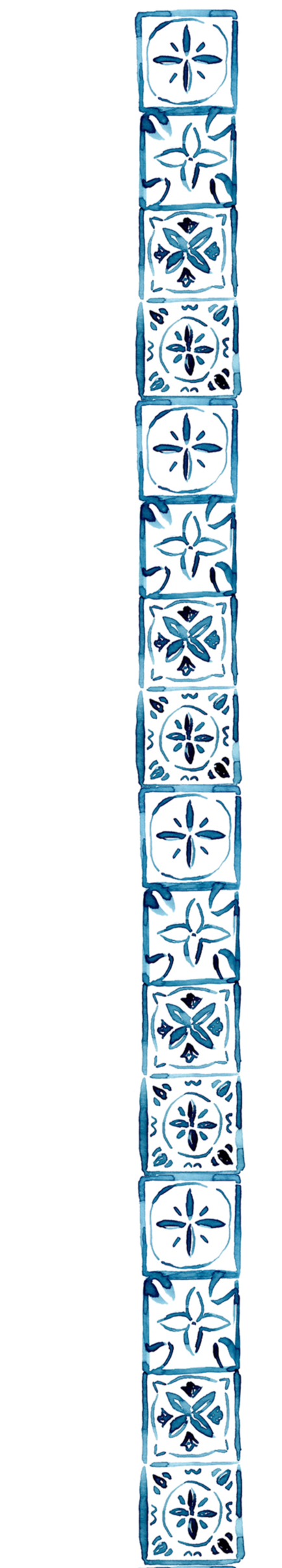 A decorative tile strip featuring a repeating pattern of blue and white floral motifs within circular and square frames, set against a white background.