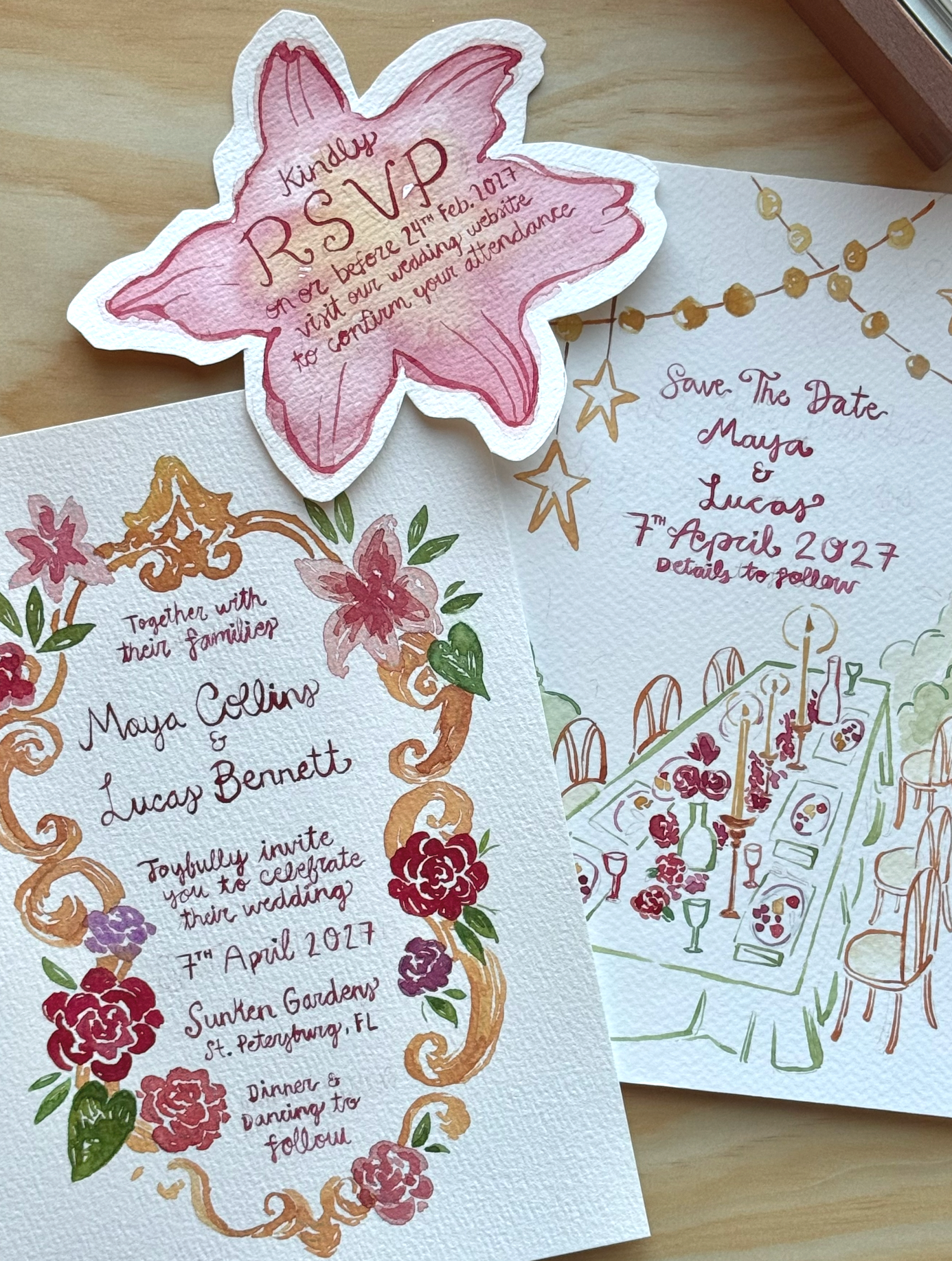 Colorful wedding invitation and RSVP card with floral and fairy tale theme. The RSVP card has a large pink star shape with invitation details. The wedding invitation features decorative floral borders, a table setting illustration, and event details, including the date, time, and location of the wedding.