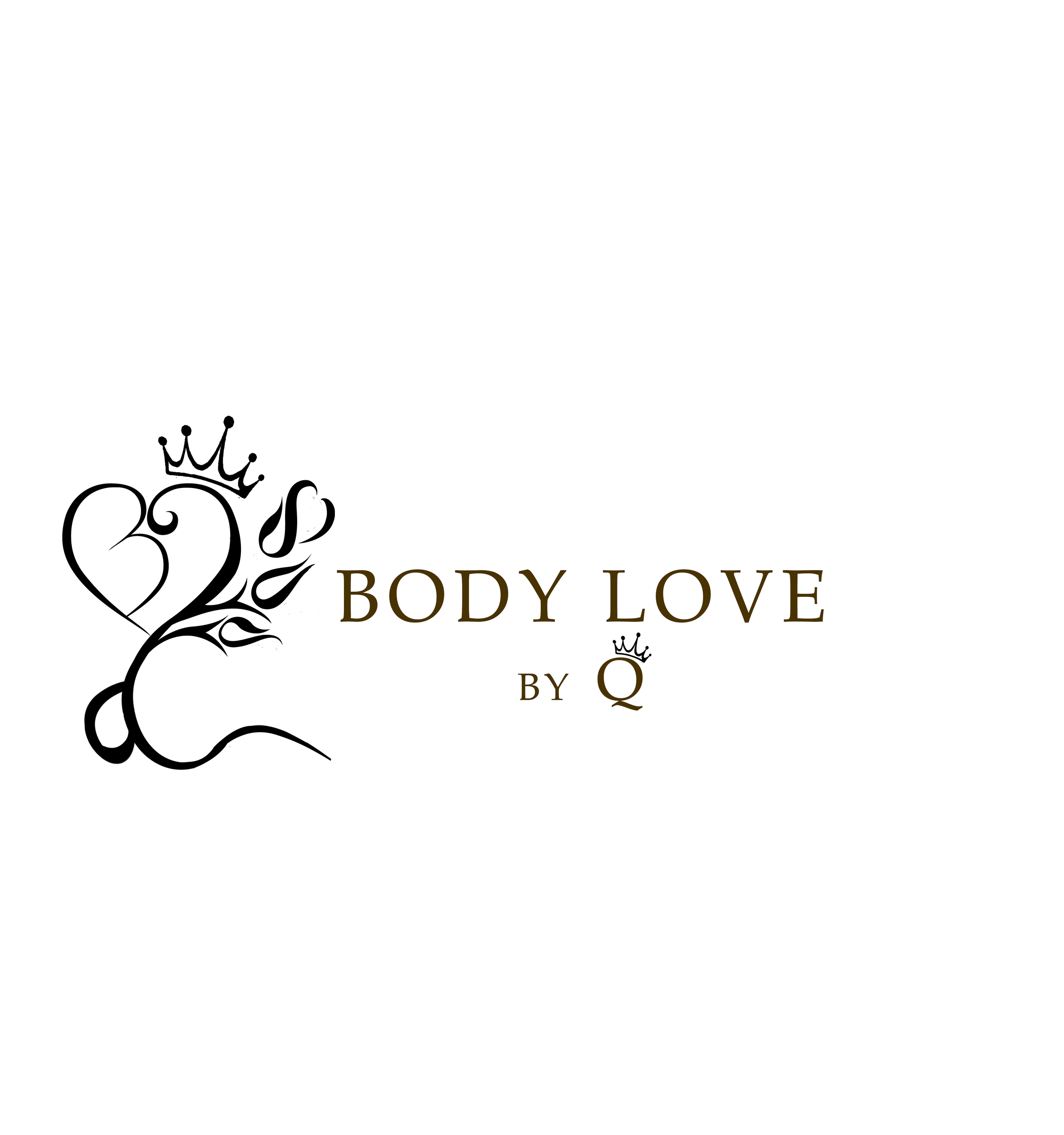 Logo for Body Love by Queen, featuring a stylized heart with a crown on top, the text 'Body Love' in large font, and 'by Q' underneath with a small crown on the letter 'Q'.