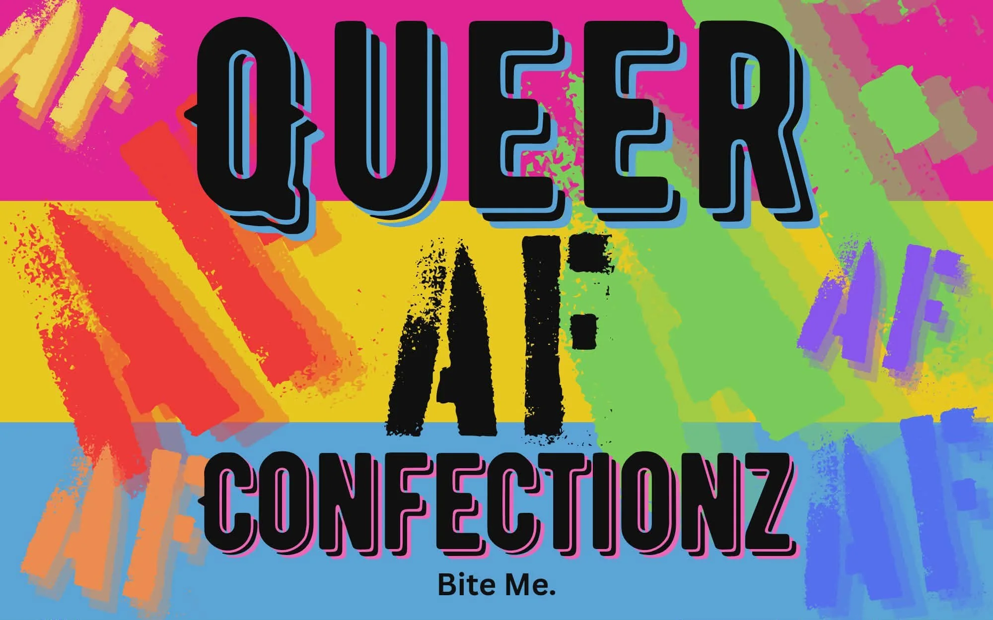 Colorful graffiti-style art with the words "QUEER AF" and "CONNECTIONZ" and the phrase "Bite Me." on a vibrant background of pink, yellow, green, blue, purple, orange, and red abstract shapes.