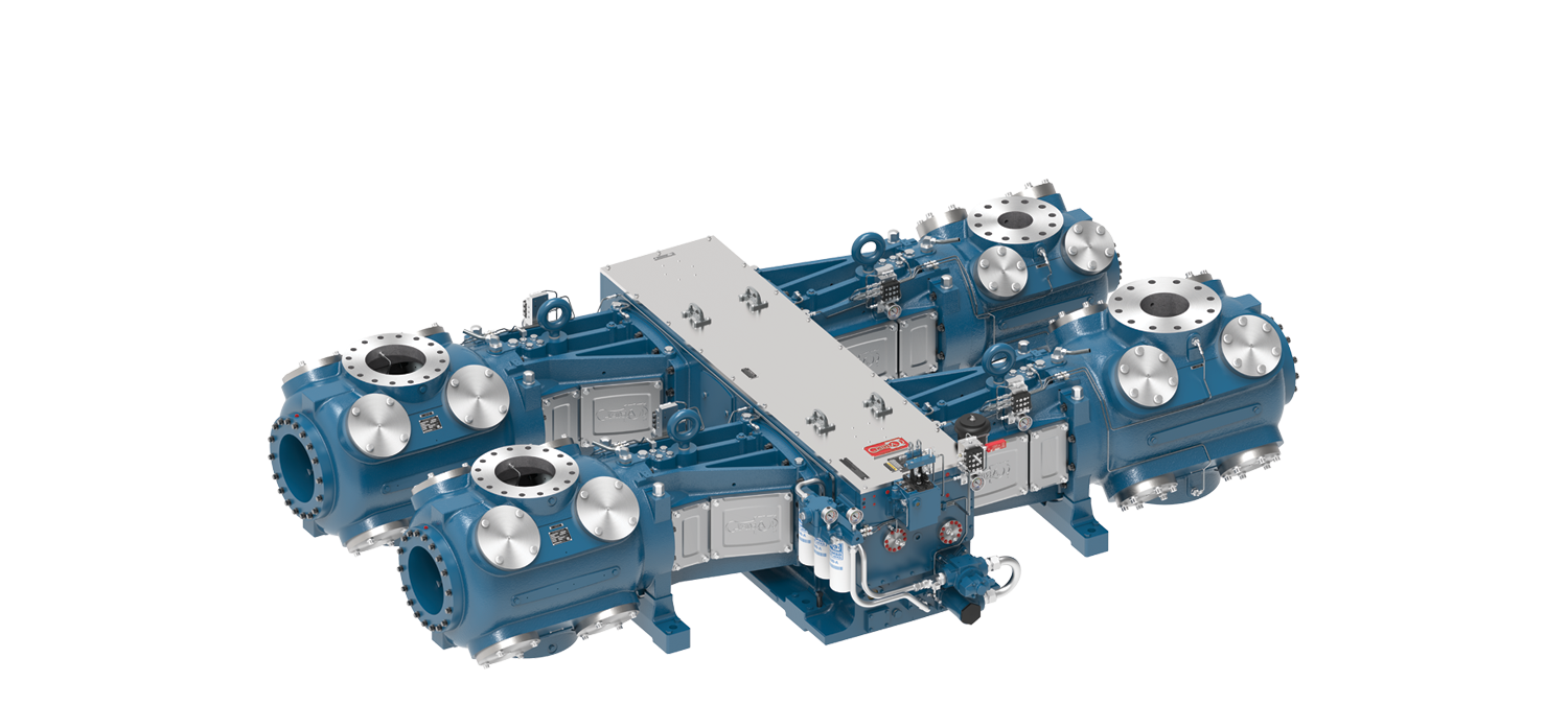 A complex blue mechanical device with multiple large circular components, metallic caps, and various smaller parts, pipes, and fittings assembled into a symmetrical structure.