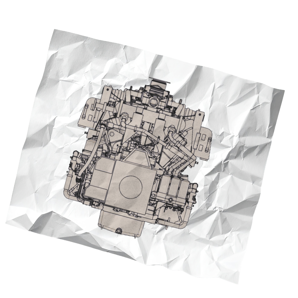 Crumpled piece of paper with a detailed technical drawing or blueprint of a mechanical device printed on it.