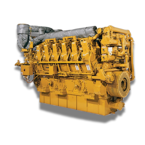 Large industrial yellow diesel engine with gray exhaust system against black background.