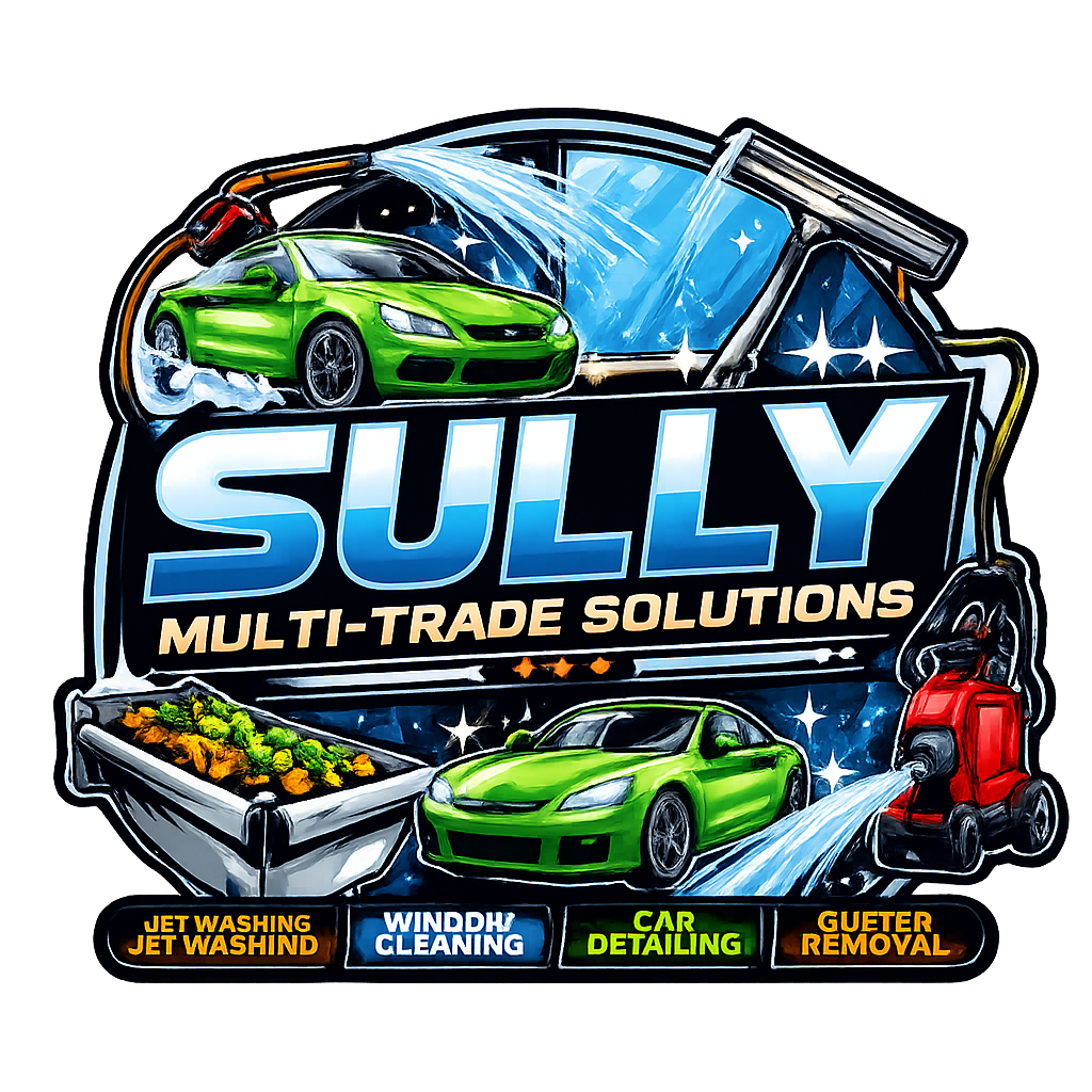Logo for SULLY Multi-Trade Solutions featuring a green car, a truck, a bucket of bushes, and cleaning equipment, with service options like jet washing, window cleaning, car detailing, and gutter removal.