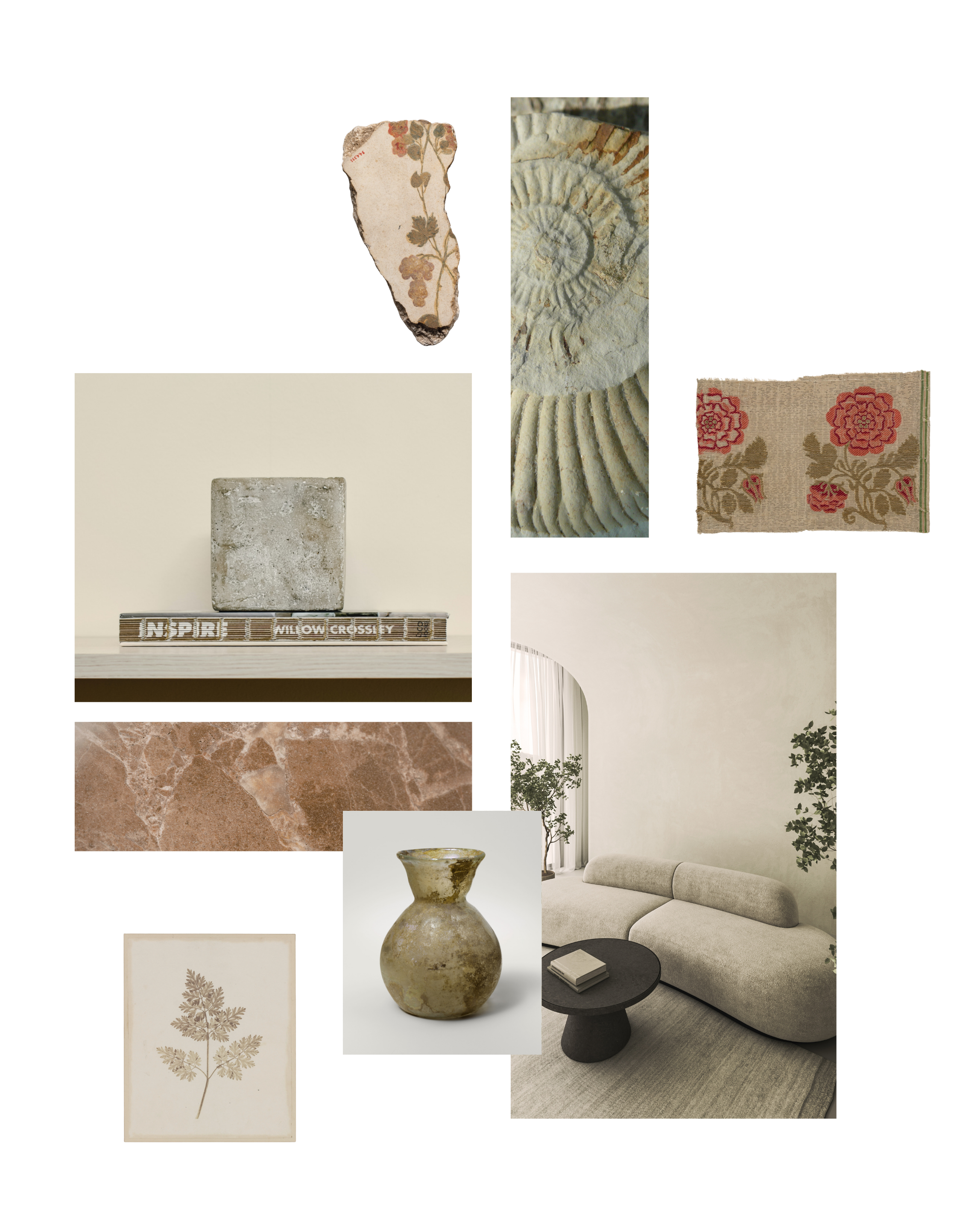 Decorative interior design elements including a floral-patterned rug, textured stone objects, a wooden block with engraved words, a ceramic vase, a framed botanical print, and a modern gray sofa with a black side table in a minimalistic living room.