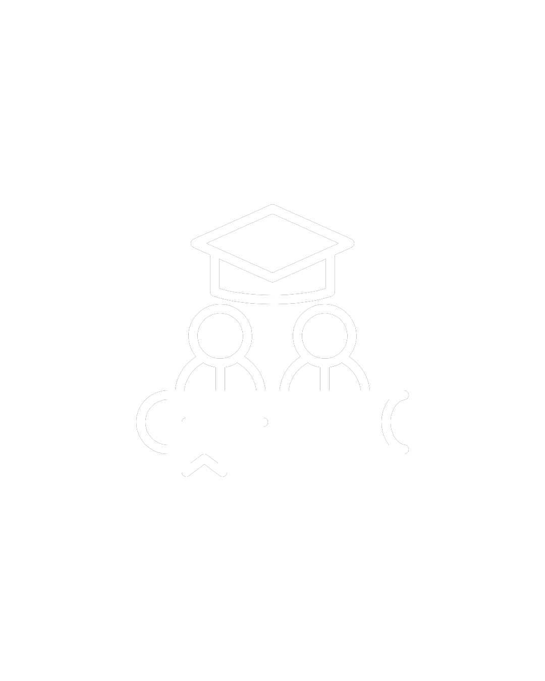 Line drawing of two students, a diploma, and a graduation cap, symbolizing education or graduation.