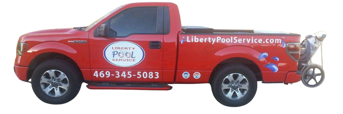 Red pickup truck with Liberty Pool Service logo and contact phone number, with pool cleaning equipment in the truck bed.