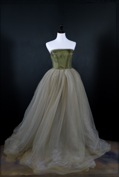 Long party dress with a sleeveless top and a tulle bottom.