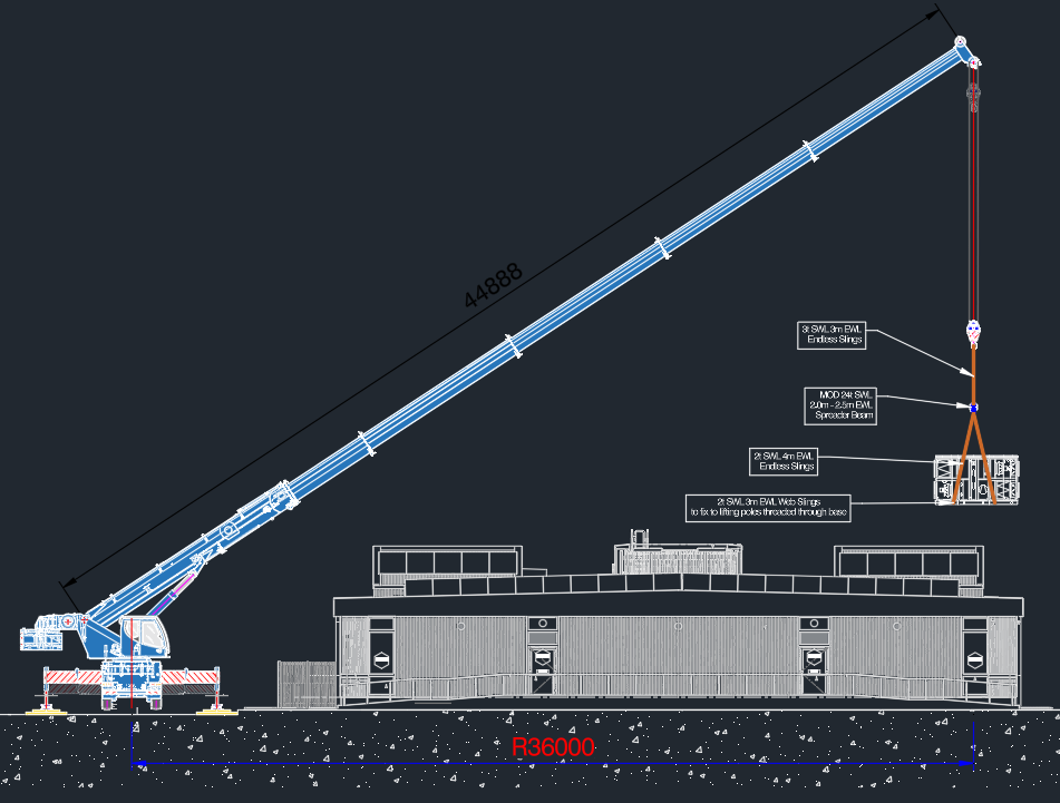 Engineering drawing of a large crane with extended boom over building, showing dimensions and technical specifications.