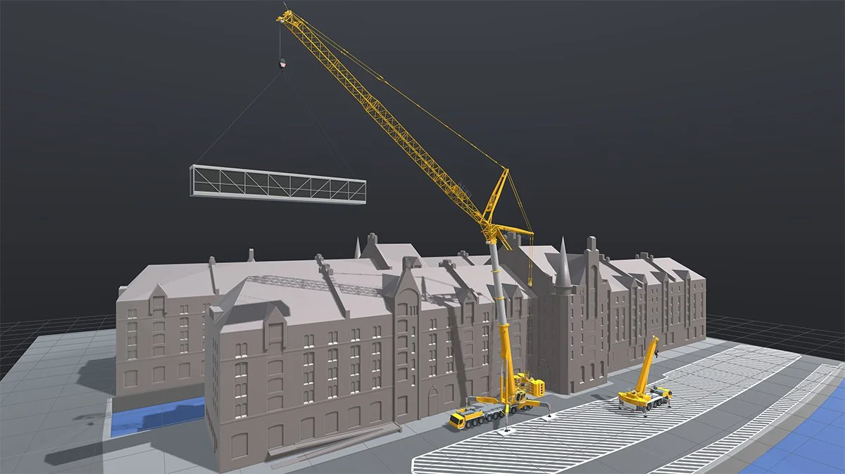 3D rendering of a construction site with a large building, a crane lifting a structural element, and two additional cranes on the ground.