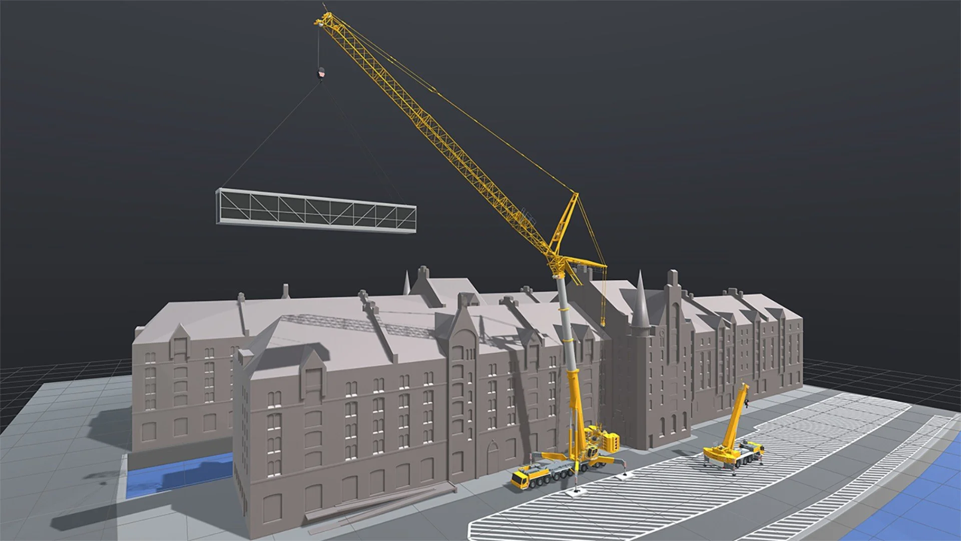 3D rendering of a construction site with a yellow crane lifting a structural beam in front of a multi-story building. There is also an additional smaller crane beside it, and the site includes marked parking or staging areas among the buildings.