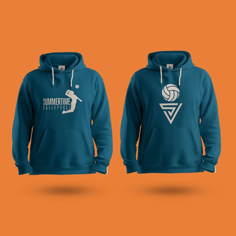 Two variations of the Summertime Volleyball hoodies. Both logos were designed.