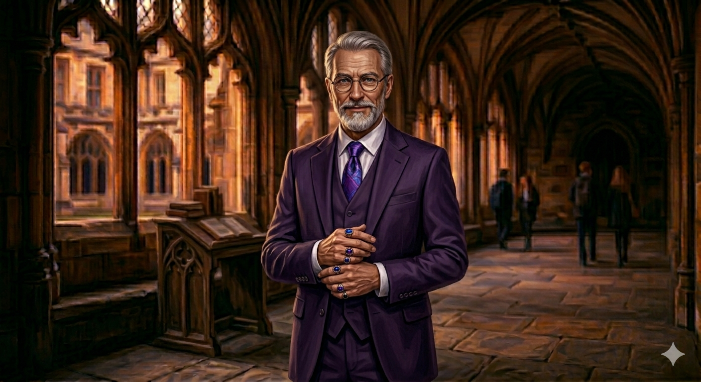 An older man dressed in a dark purple suit, wearing round eyeglasses and multiple gemstone rings, stands in a Gothic corridor.