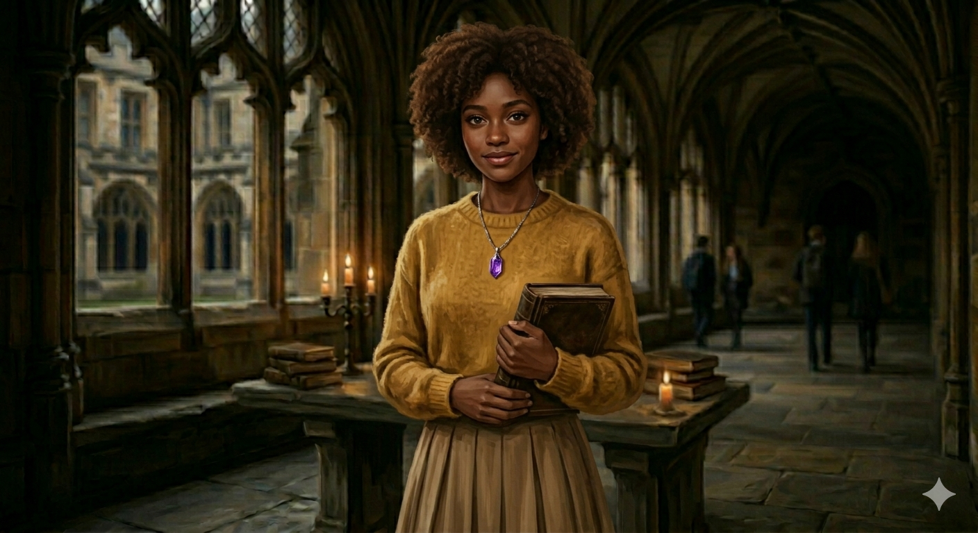 A young woman with brown coiled hair, wearing an amethyst necklace and a mustard-yellow sweater, standing in a Gothic corridor.