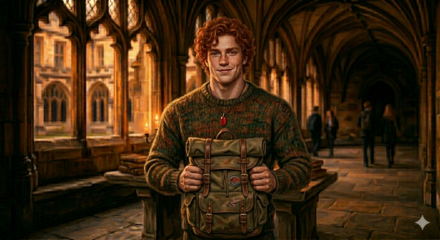 A young man with curly red hair wearing a red jasper necklace holds a green backpack, standing in in a Gothic corridor.