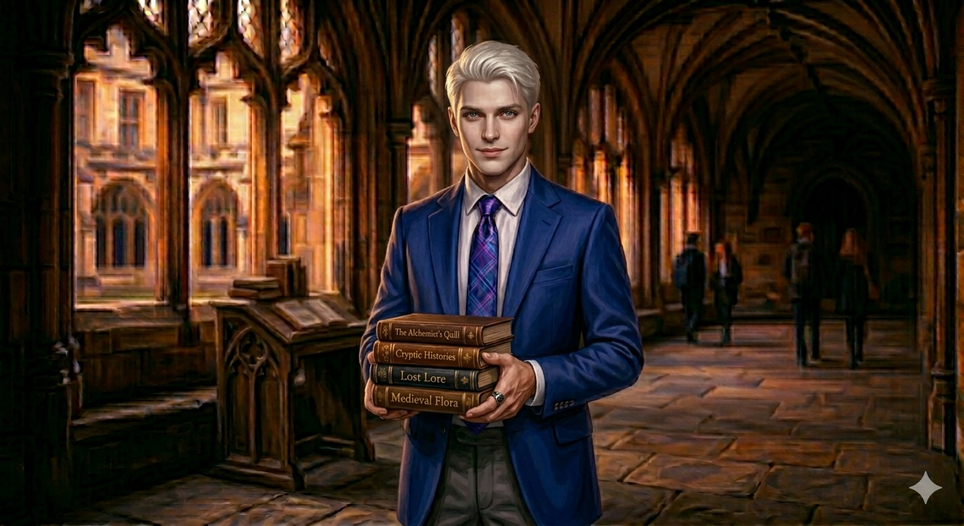 A young man with silver-blonde hair stands in a Gothic corridor, holding a stack of leather-bound books.