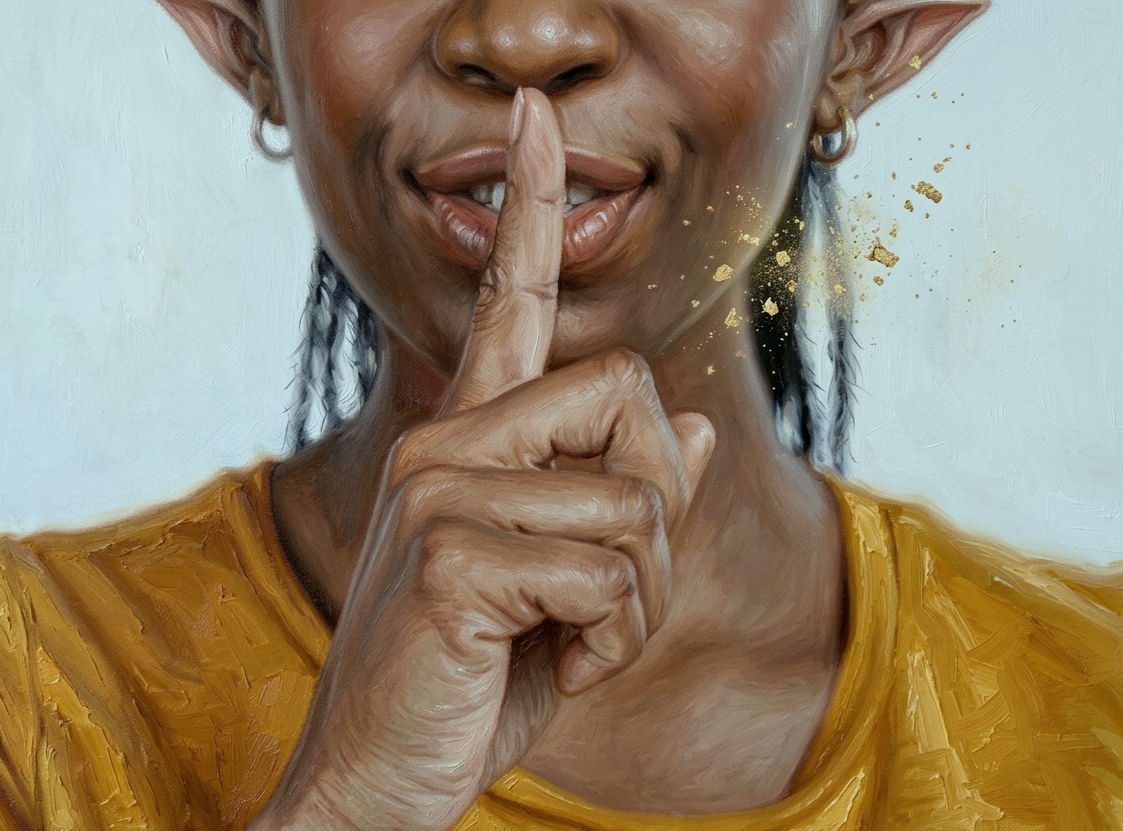 A smiling person with pointed, faery ears holds a finger to their lips to indicate hiding the truth.