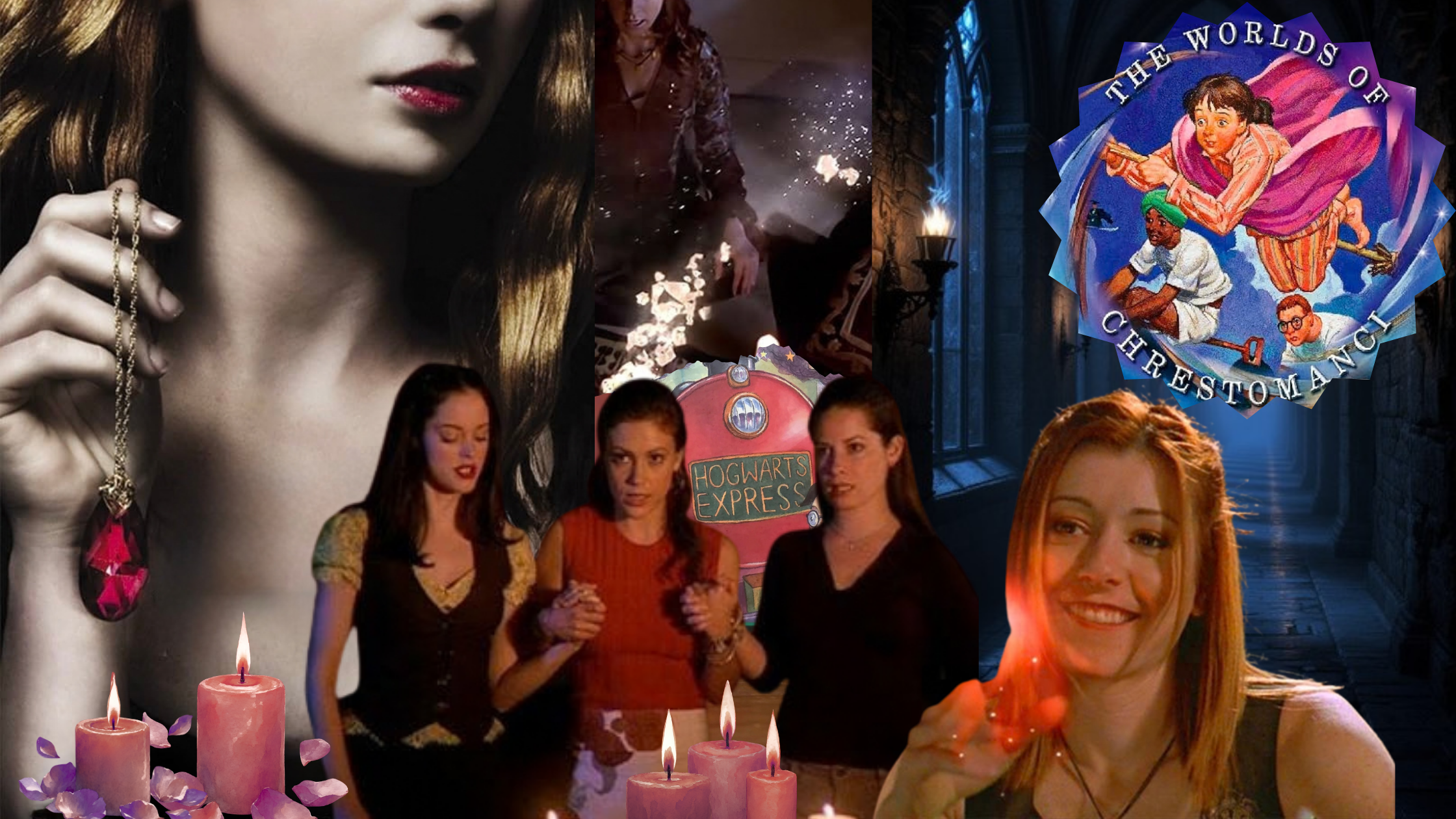 Collage of book covers, magical TV show characters, and lit candles.