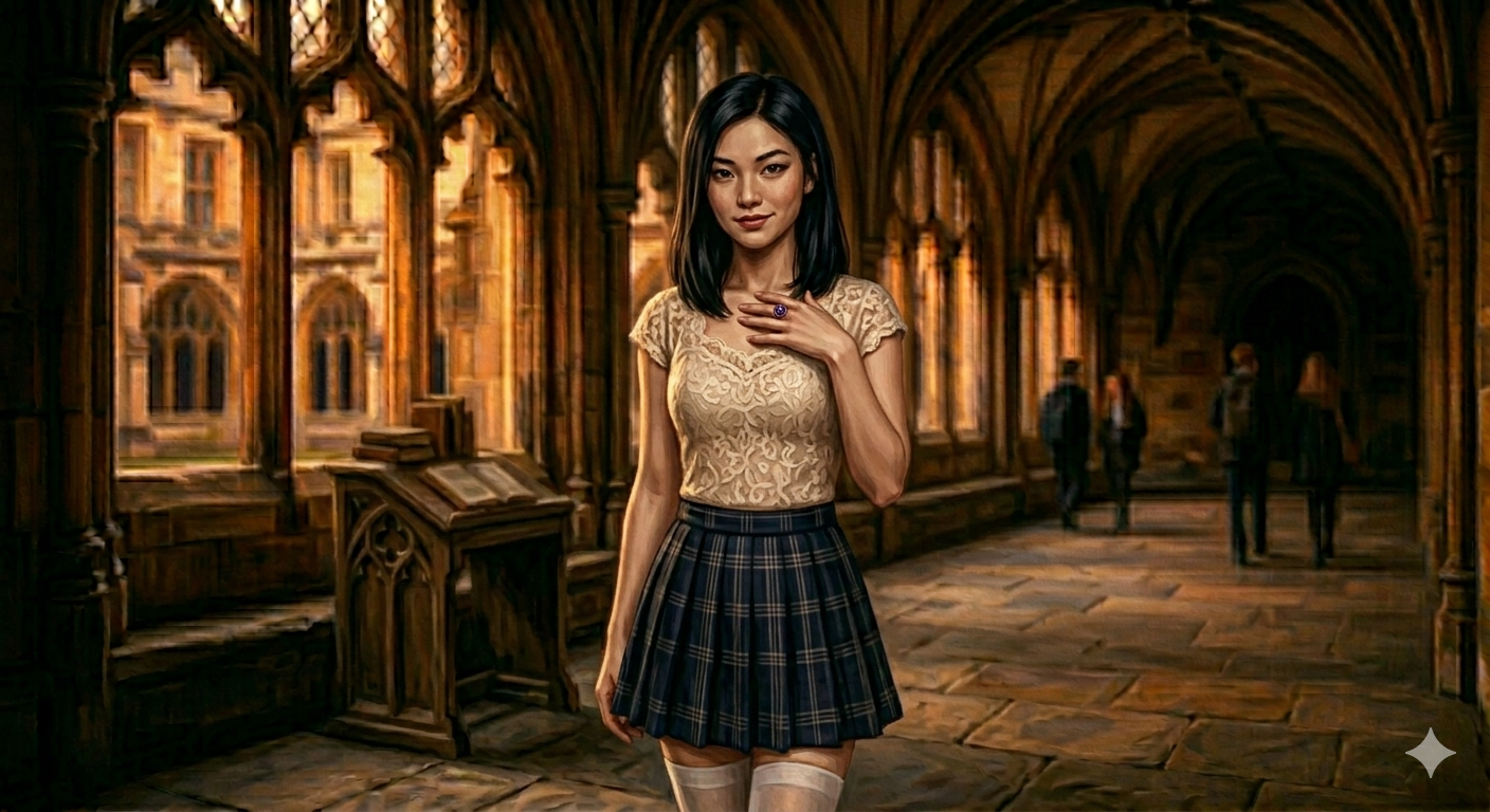 A young woman with dark hair, wearing a lace top, plaid skirt, and amethyst ring, stands in a Gothic corridor.