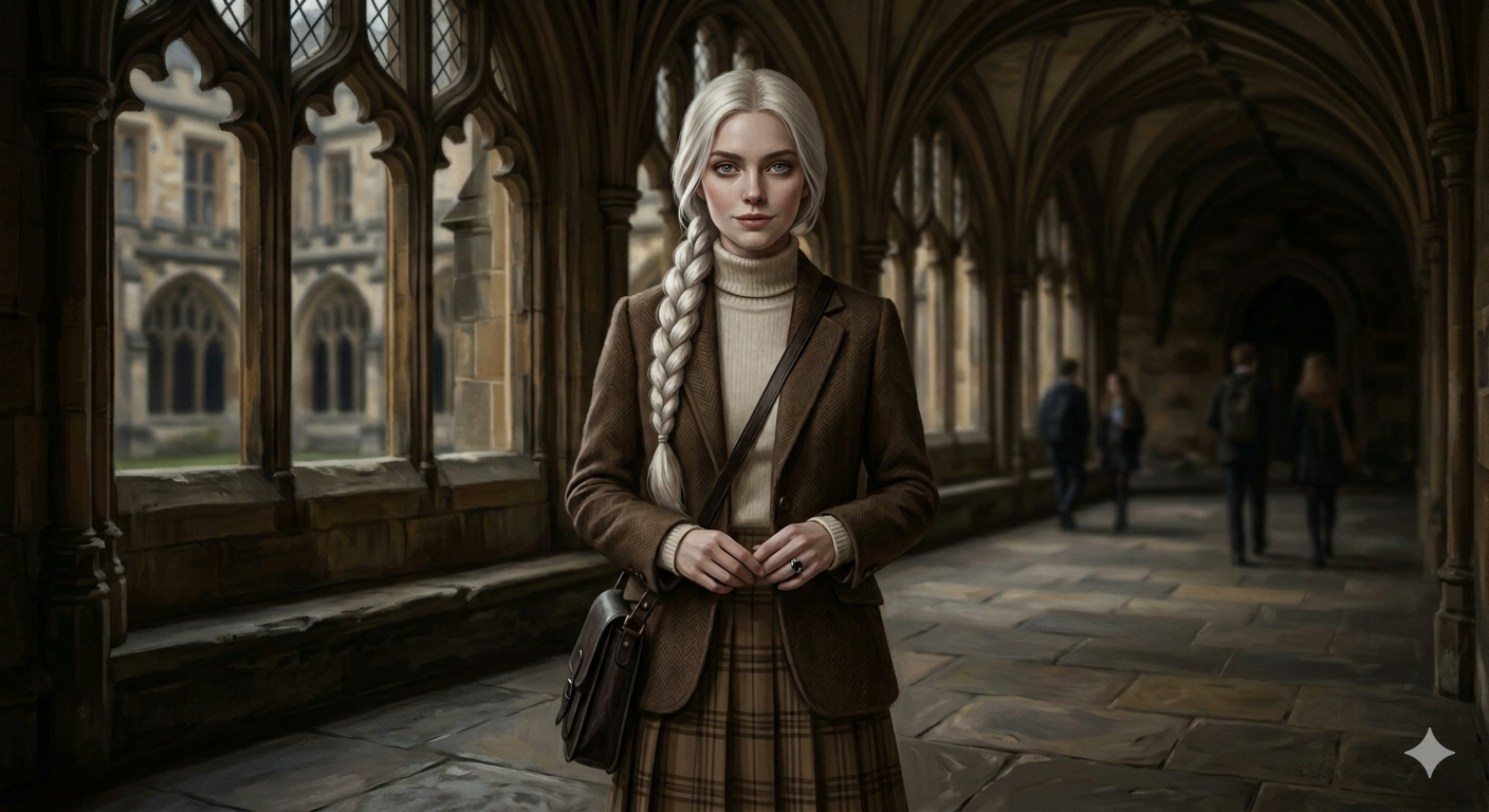 A young woman with braided silver-blonde hair standing in a Gothic corridor.