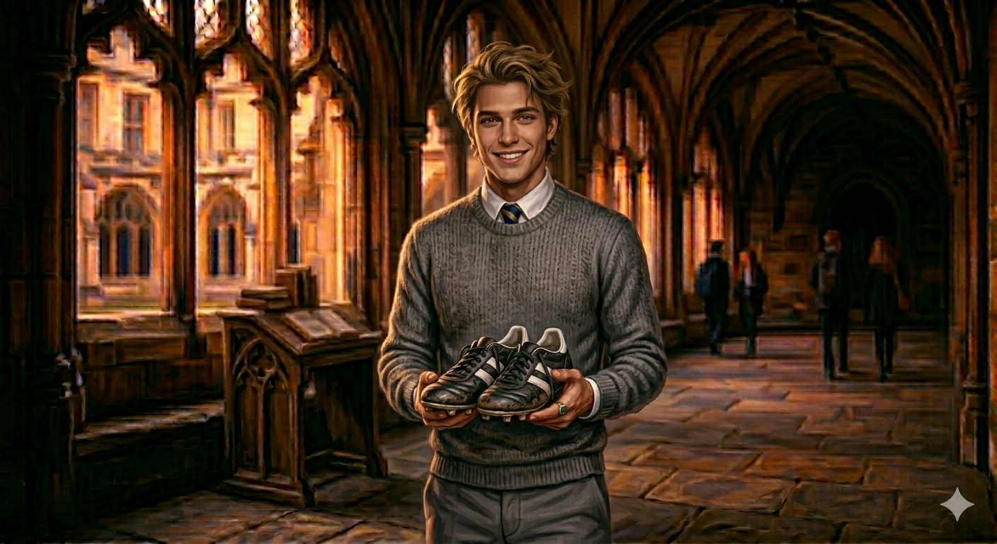 A young man with dark blonde hair stands in a Gothic corridor, holding a pair of soccer cleats.