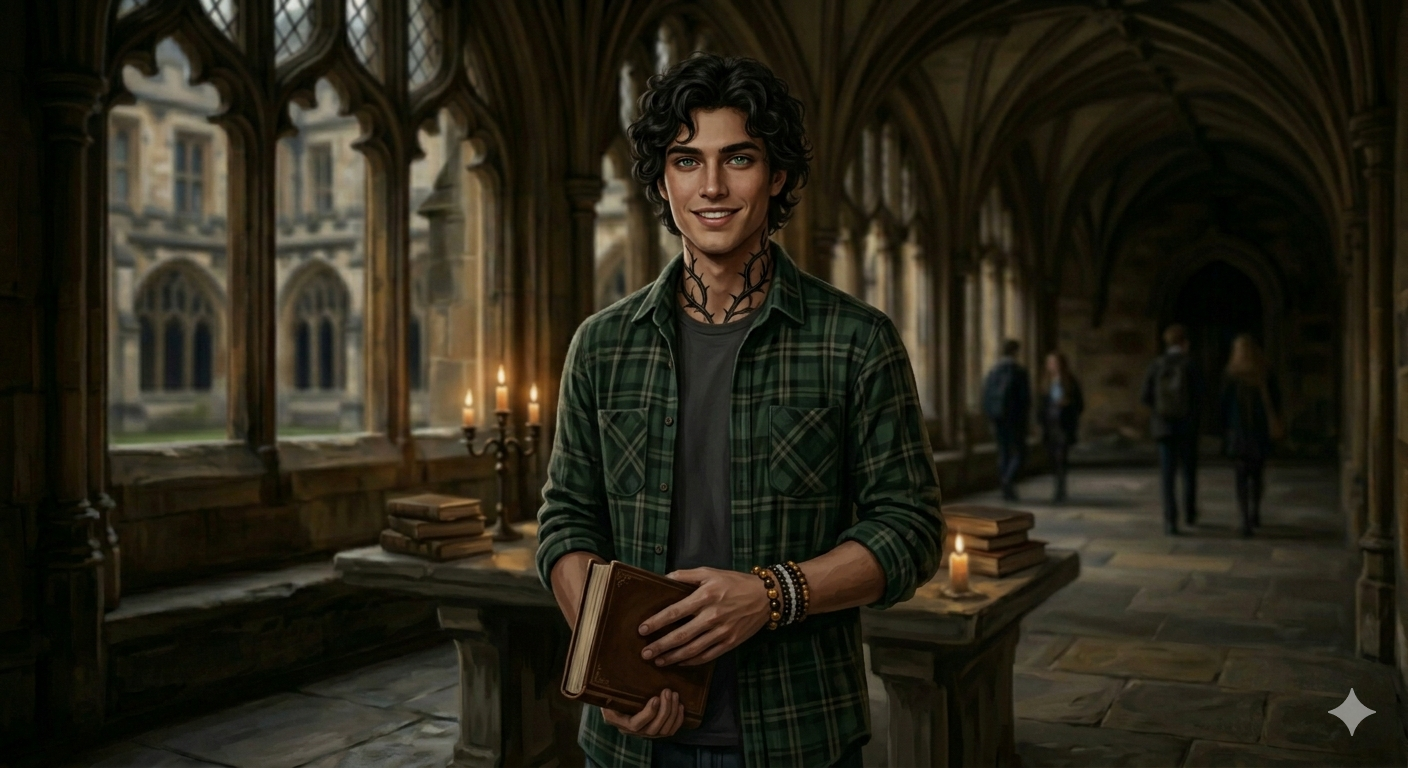 A young man with dark hair, a plaid shirt, and a dark, thorny neck tattoo stands in a Gothic corridor.