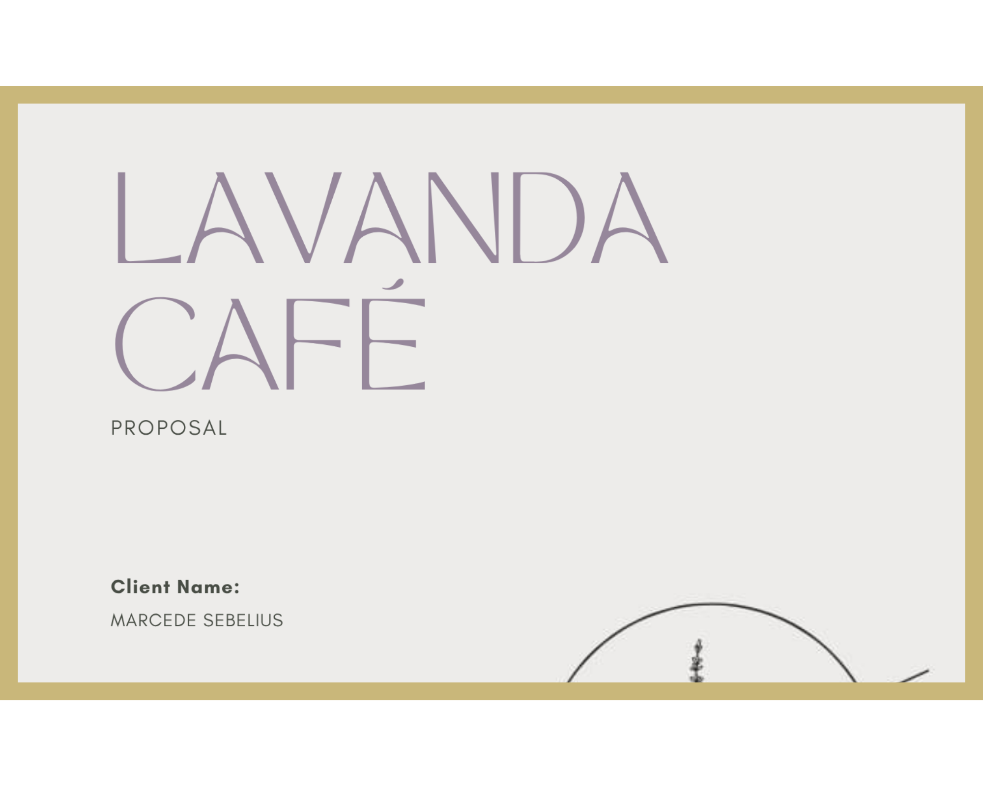 Proposal cover page for Lavanda Café, including client's name Marcede Sebelius, with minimalist design and pastel colors.