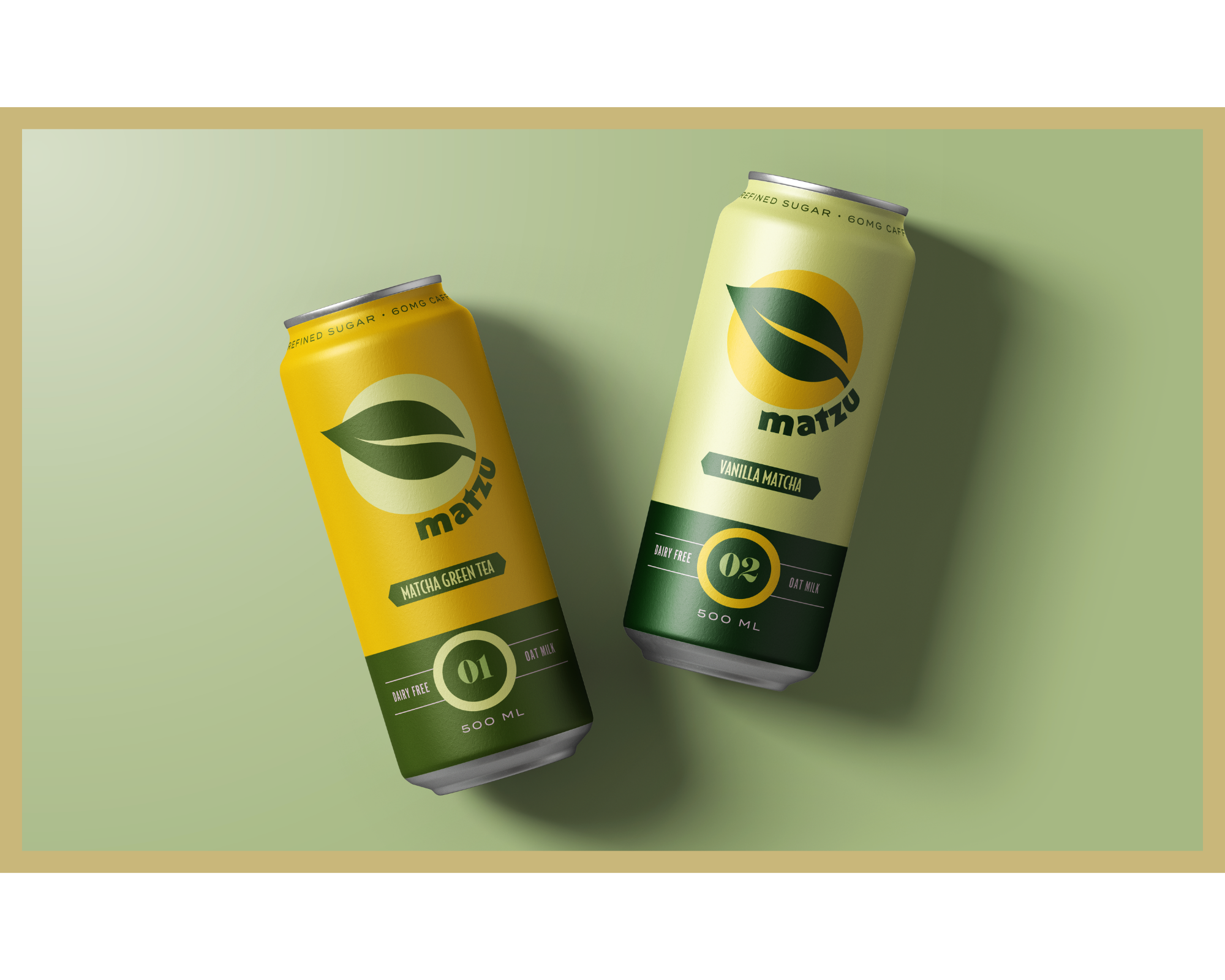 Two cans of Matzu drinks with green and yellow packaging, featuring a leaf logo, placed on a light green background with a shadow.