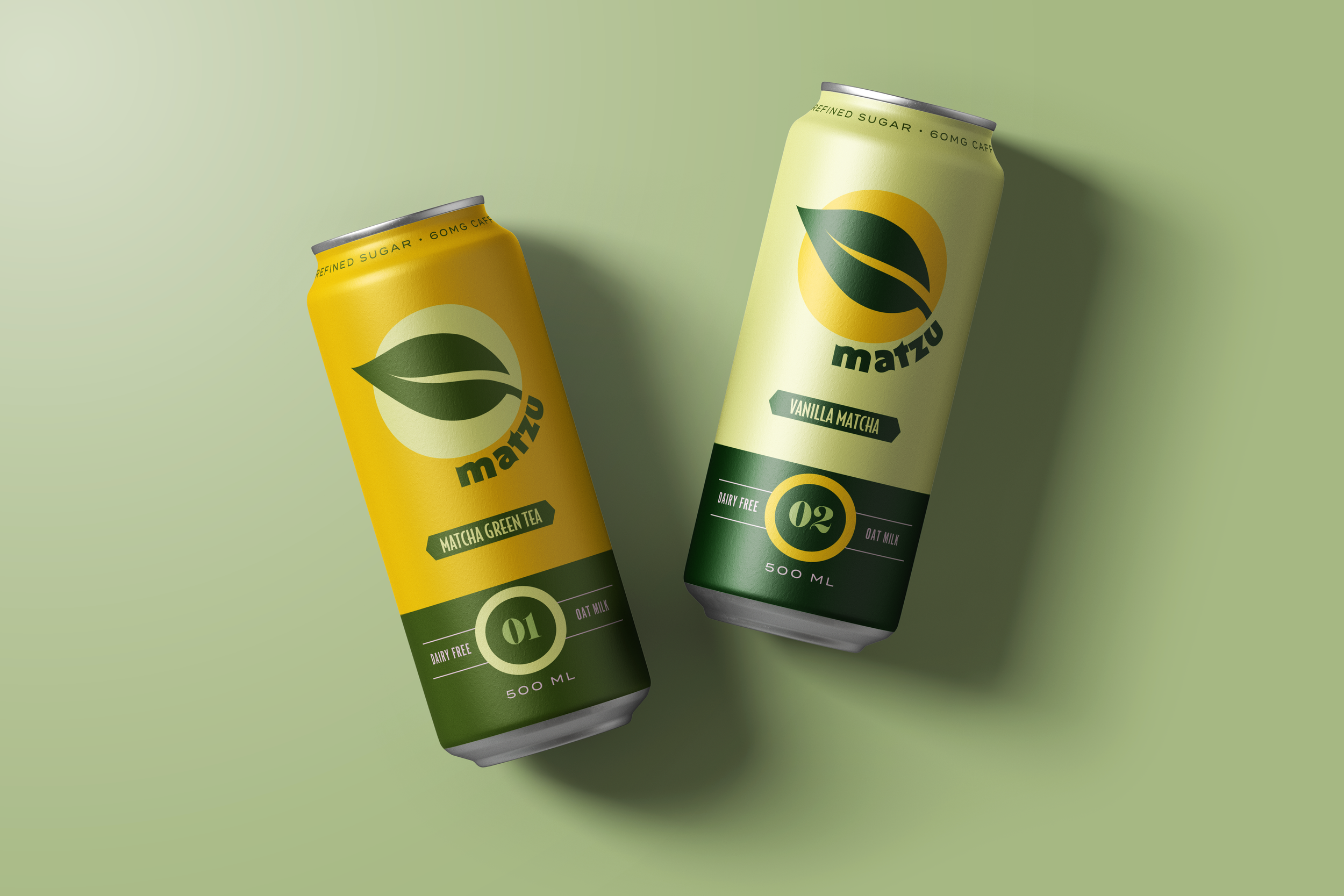 Two cans of Matzu brand matcha drinks, one green tea and one vanilla matcha, placed on a light green surface, casting shadows.