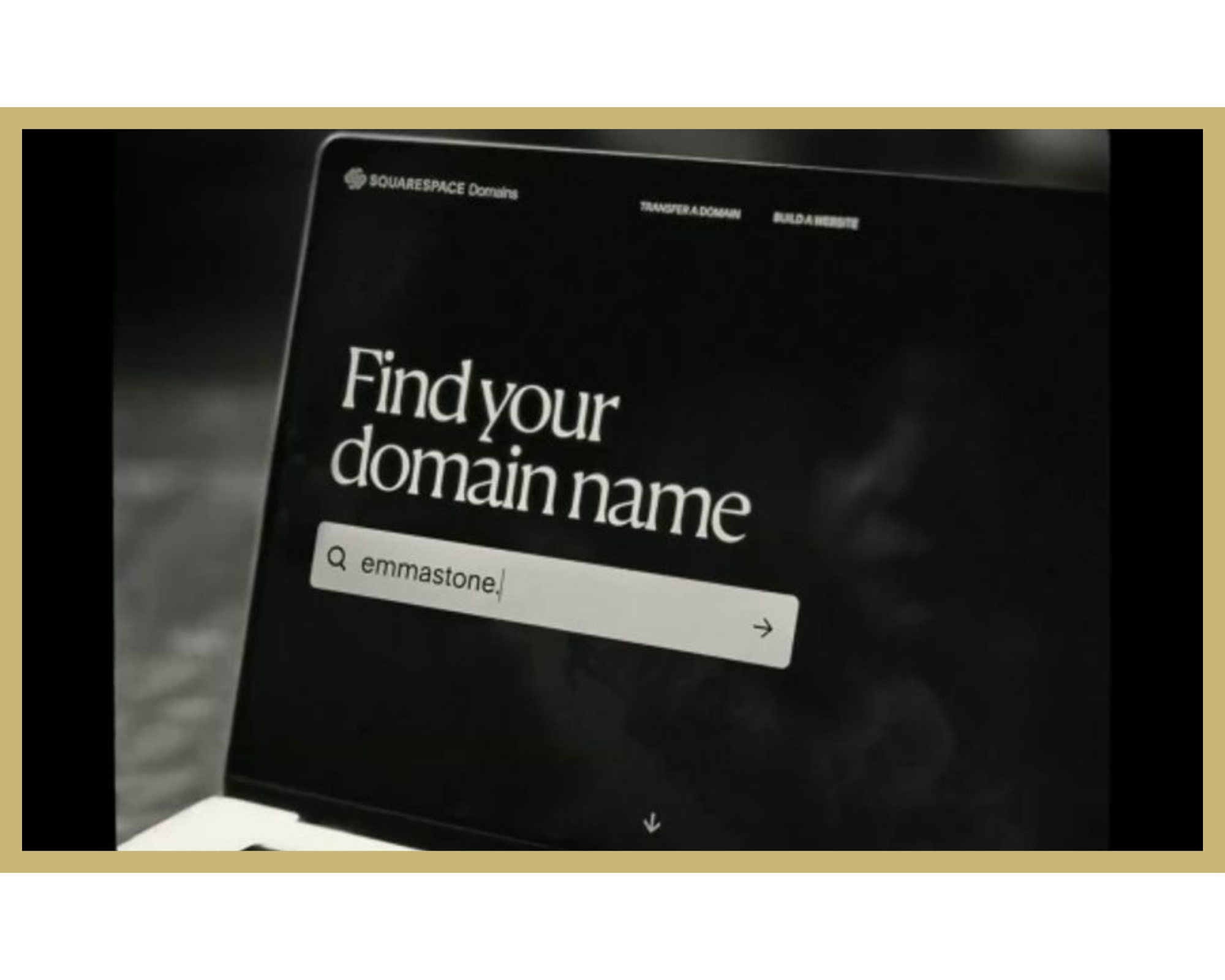 A computer screen displaying a domain name search website with the text "Find your domain name" and a search bar with the word "emmastone" typed in.