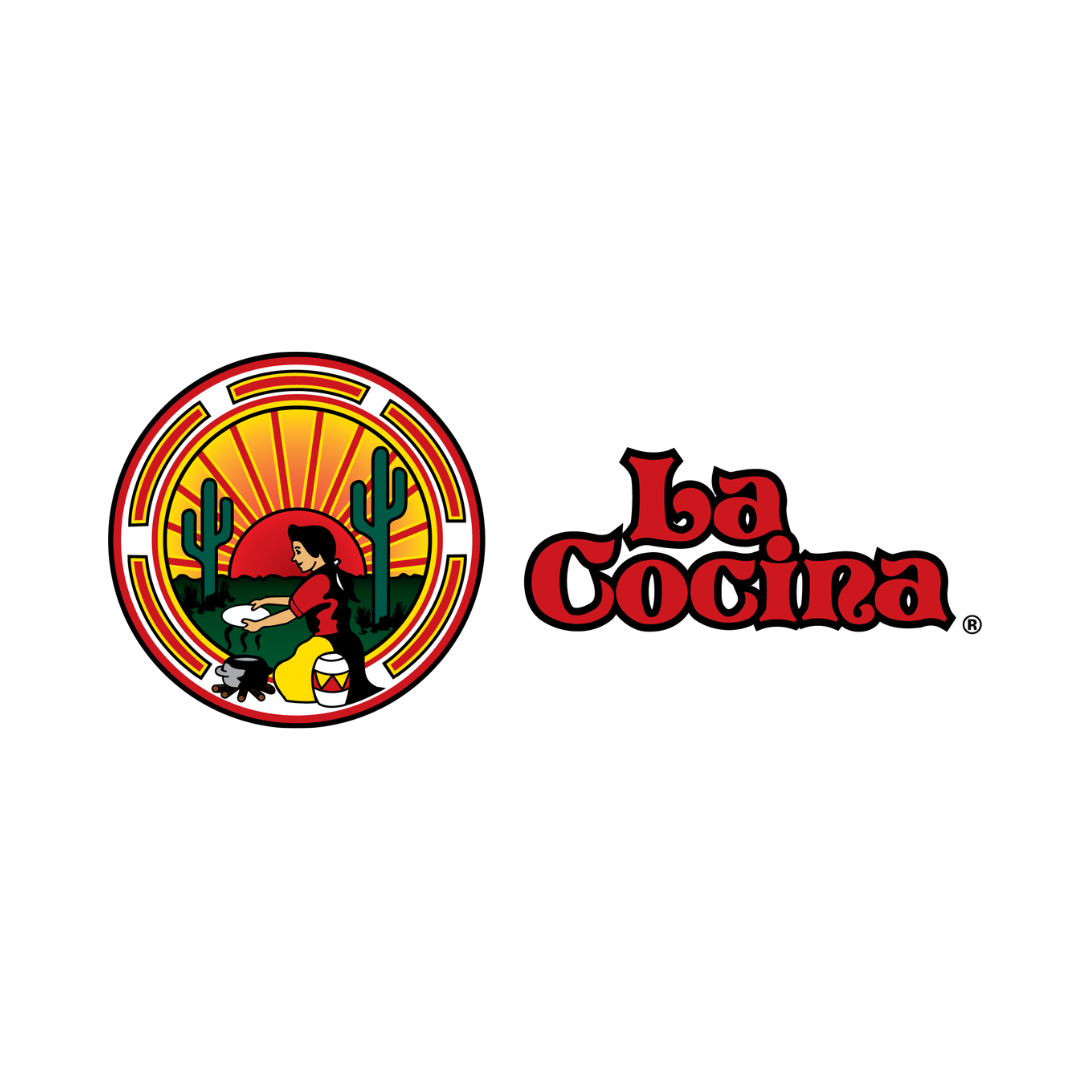 La Cocina logo with a woman cooking by a grill, desert sunset, cacti, and traditional Mexican decoration.