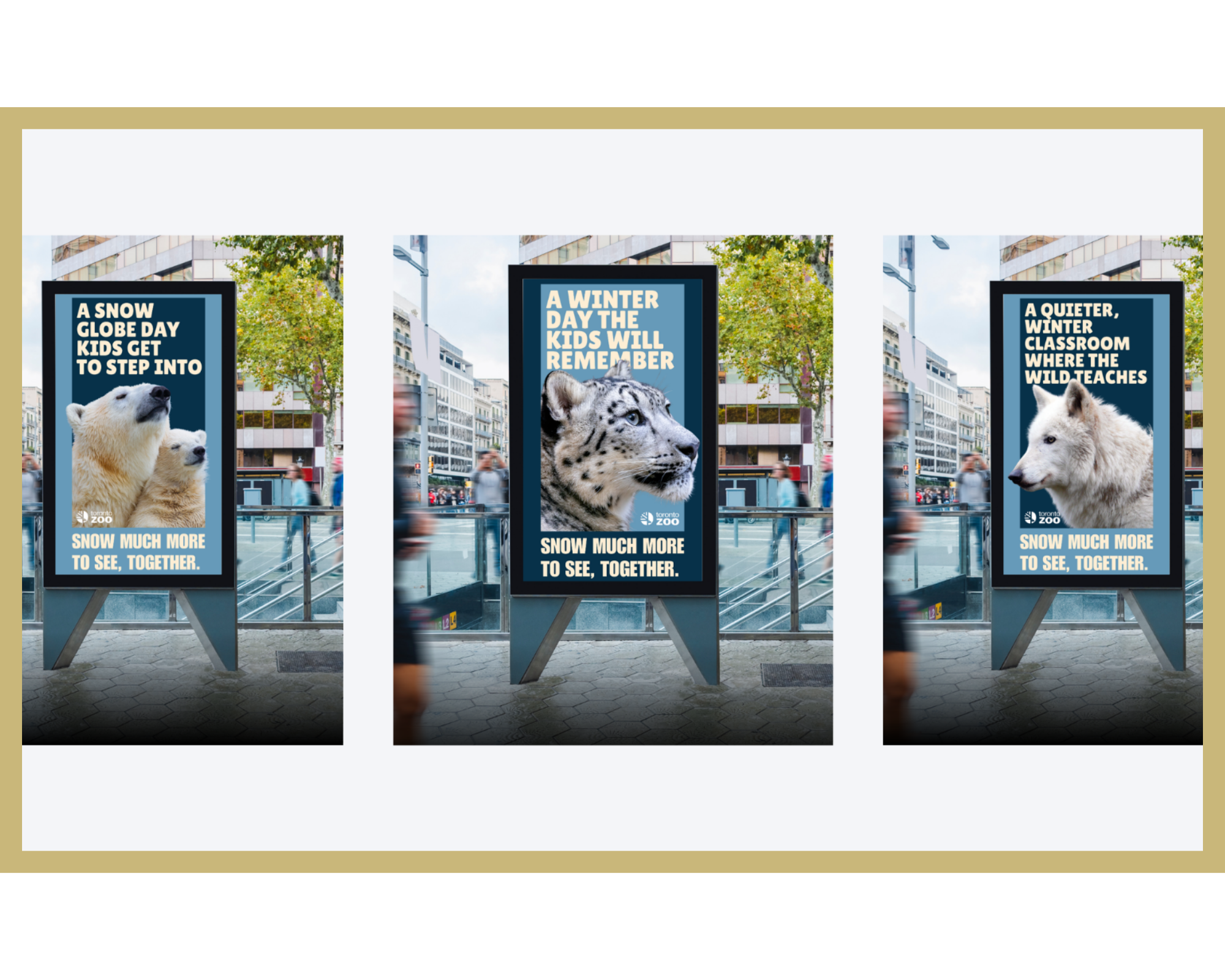 Three outdoor digital advertisements for Toronto Zoo, each featuring a different polar animal with canny slogans about snow and winter, surrounded by city pedestrians.