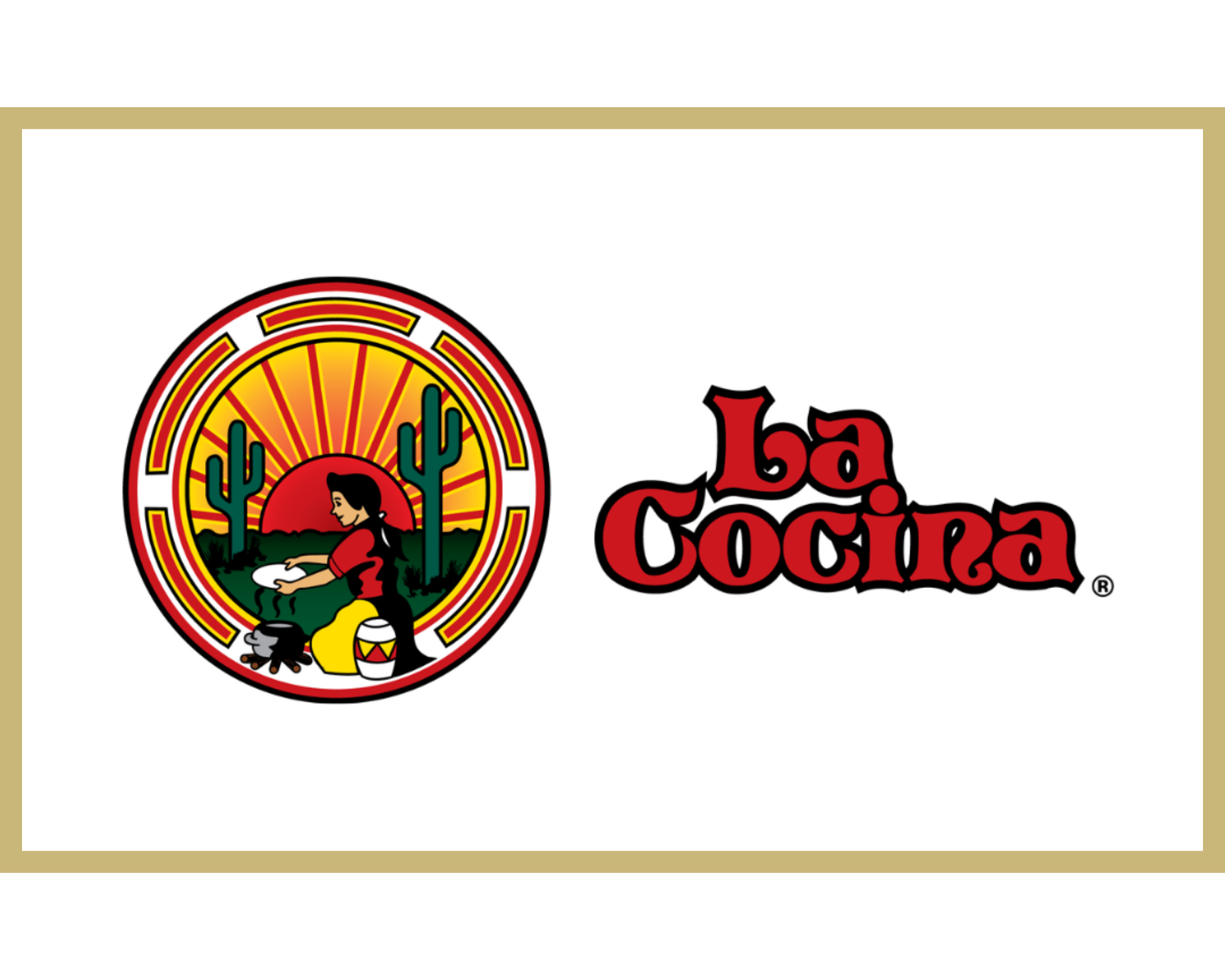 Logo of La Cocina featuring a woman cooking over a fire with cactus plants and a sunset in the background.