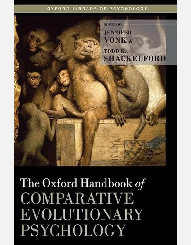 Book cover of The Oxford Handbook of Comparative Evolutionary Psychology, edited by Jennifer Vonk and Todd K. Shackelford, featuring an illustration of several monkeys.