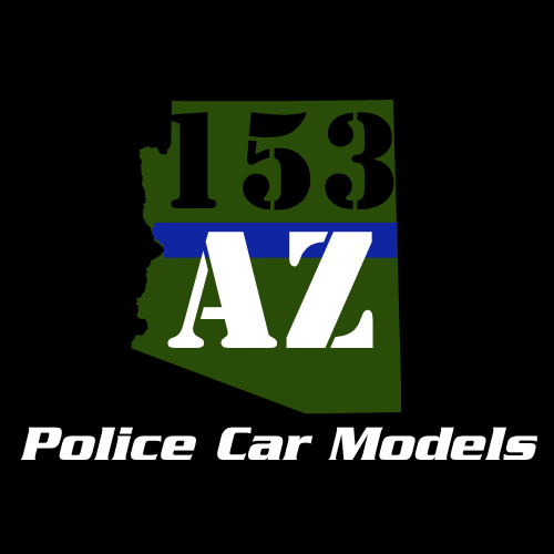 Logo with the outline of the state of Arizona, the number 153 in black text on a green background, a horizontal blue line, the letters AZ in white, and the text "Police Car Models" in white at the bottom.