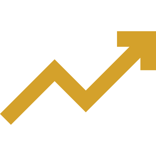Gold upward trending arrow on black background indicating growth or increase.