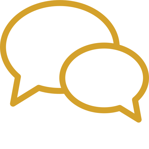 Two overlapping speech bubbles outlined in gold on a black background.