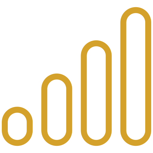 Golden bar chart with five ascending bars on a black background.